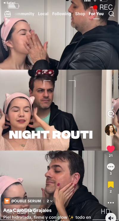 Ana and Pablo doing Clarins night routine with Double Serum
