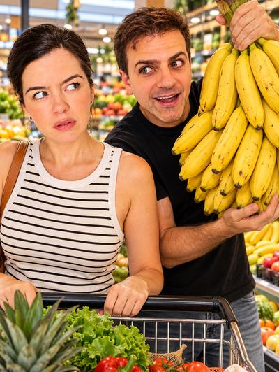 Couple grocery shopping — man holding giant bunch of bananas, woman unimpressed — comedy sketch