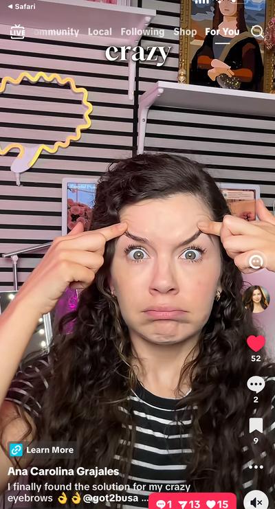 Ana pointing at eyebrows with crazy expression for Got2b