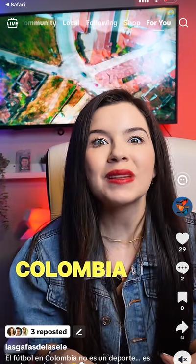 Ana wearing denim jacket, COLOMBIA text overlay