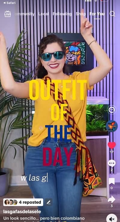 Ana in yellow shirt, Colombian wayuu bag, 'OUTFIT OF THE DAY' text overlay — Las Gafas de la Sele